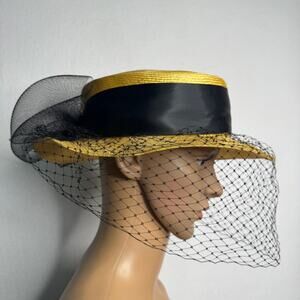 1950s Vintage Madcaps 5th Ave New York Straw Birdcage Veil Hat Gold Black 21”